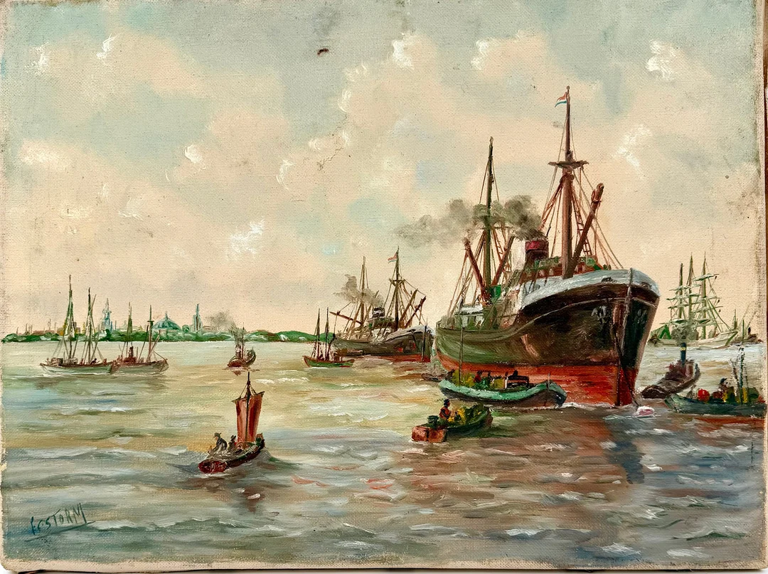 OIDENTIFIERAD KONSTNÄR (1900-tal). Marint motiv med hamninlopp, möjligen Amsterdam, olja på duk, signerad E Storm. — Other — Skandia Auktion