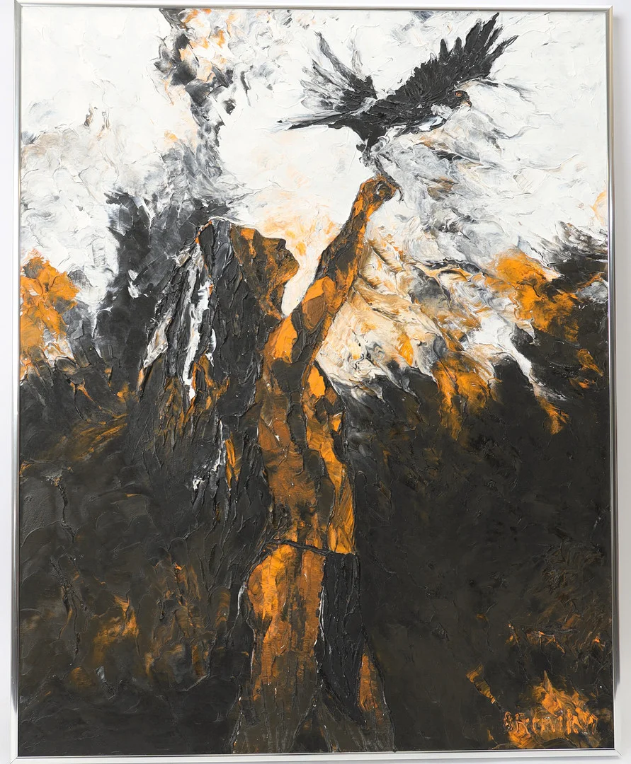 BIRGIT FÄRNVIK. Komposition med fågel, oljemålning på duk, signerad. — Paintings — Falun Auktionsbyrå