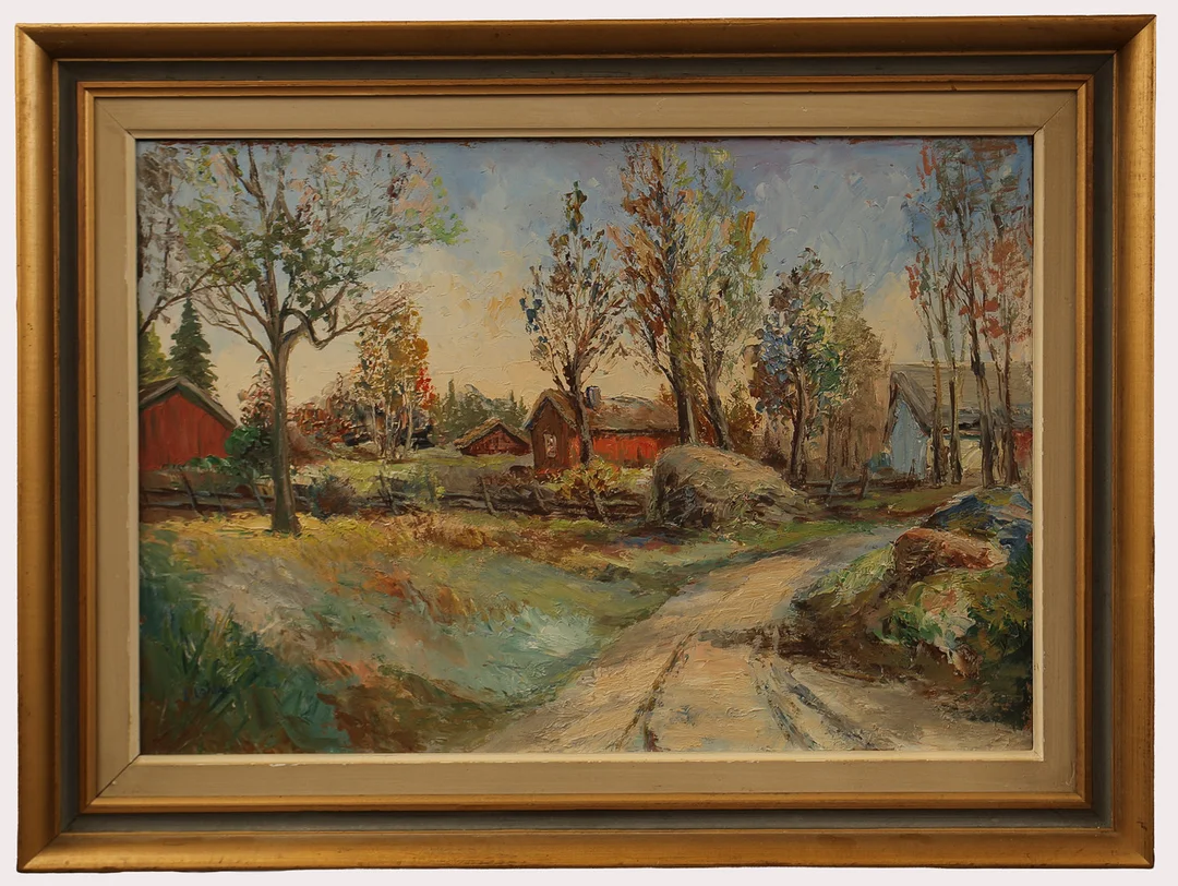 EINAR LANTZ. Olja på pannå, lantgård med flera byggnader, signerad. — Paintings — Limhamns Auktionsbyrå