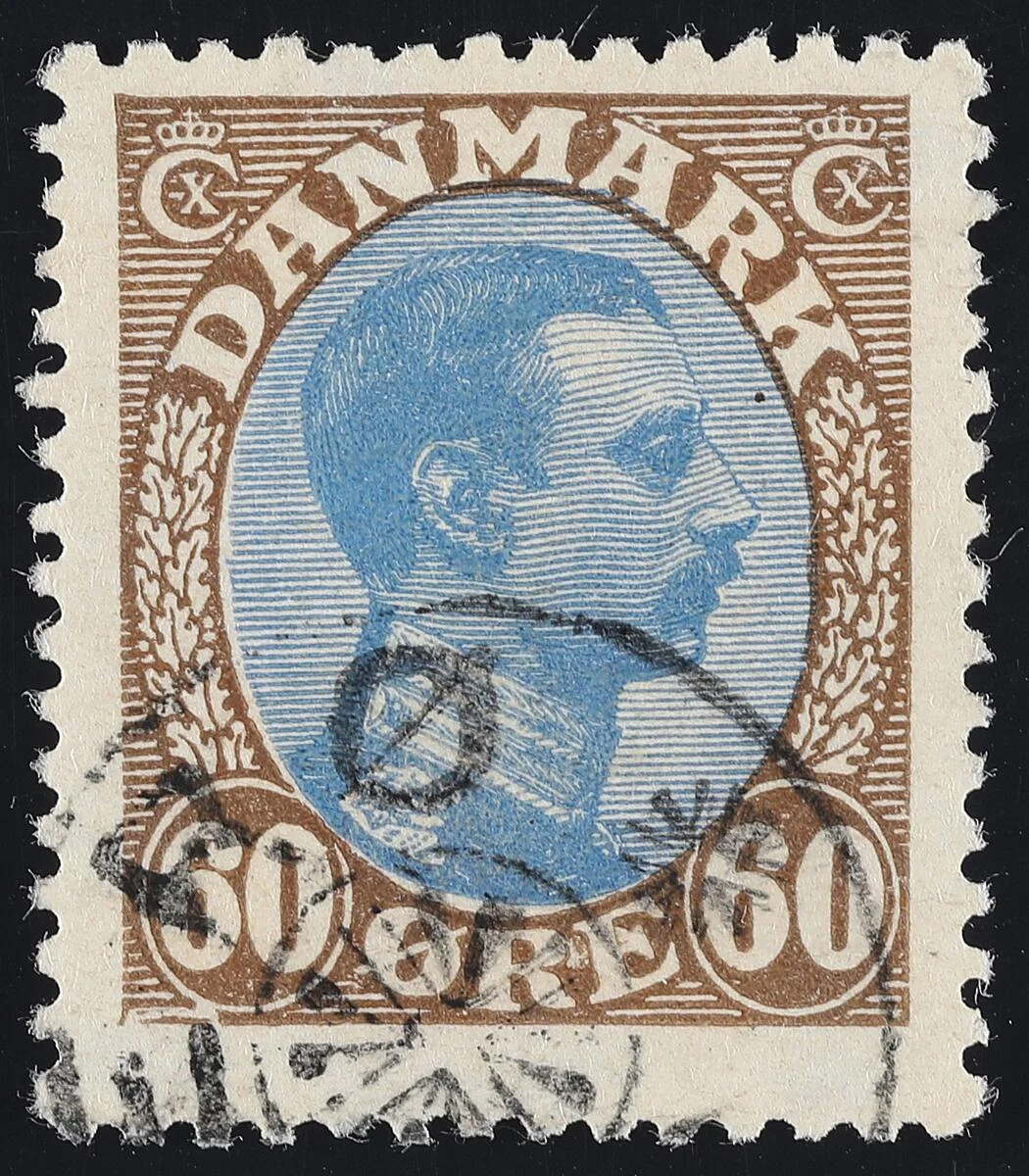 1918. Christian X. 60 Øre, blue/brown. Variety WHITE DOTS AROUND E IN ØRE. Used — Stamps, Covers & Postal History/Denmark/Bogtryk — Bruun Rasmussen