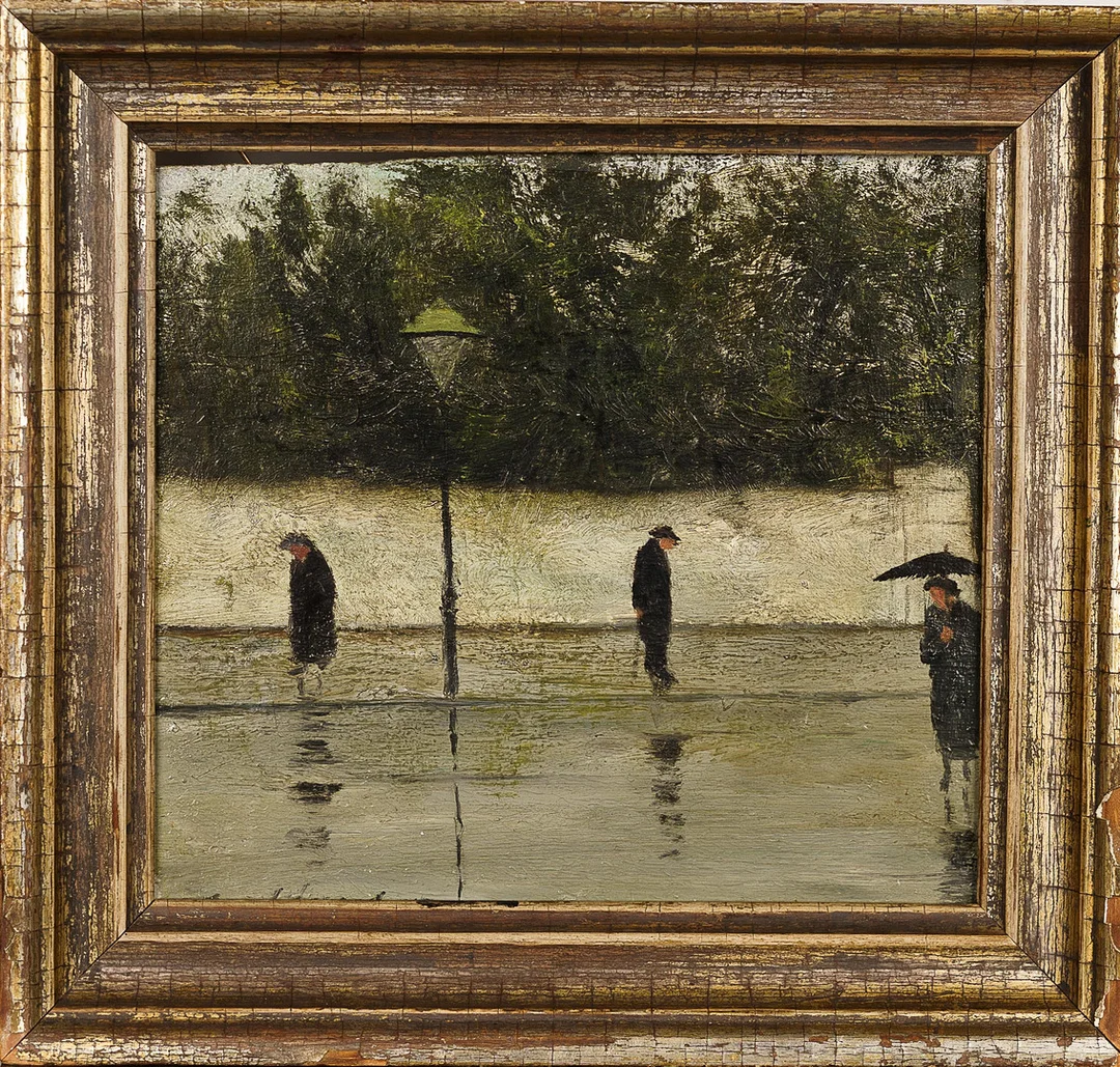 CORT JACOBSEN. Olja på pannå, Regnig gata med människor, Signerad. — Paintings — Norrlands Auktionsverk