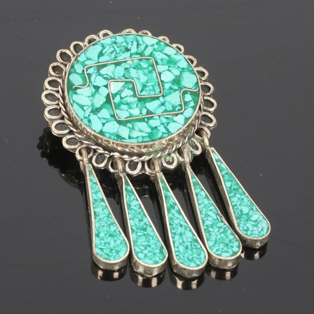 BROSCH, Sterling silver, med turkoser, Taxco, Mexico. 1900-tal. — Brooches & Pendants — Stadsauktion Sundsvall