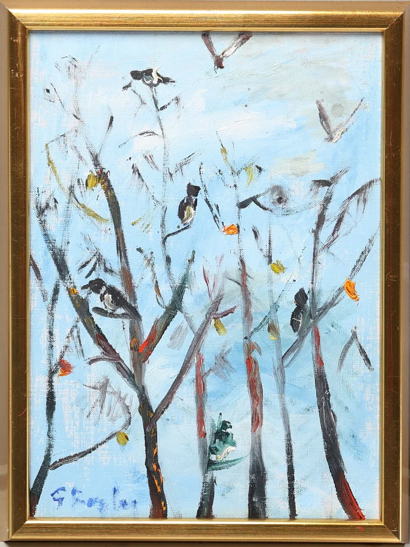 GÖTA FOGLER, " Vinter med skator" olja på pannå, signerad G Fogler. — Paintings — Gomér & Andersson Jönköping