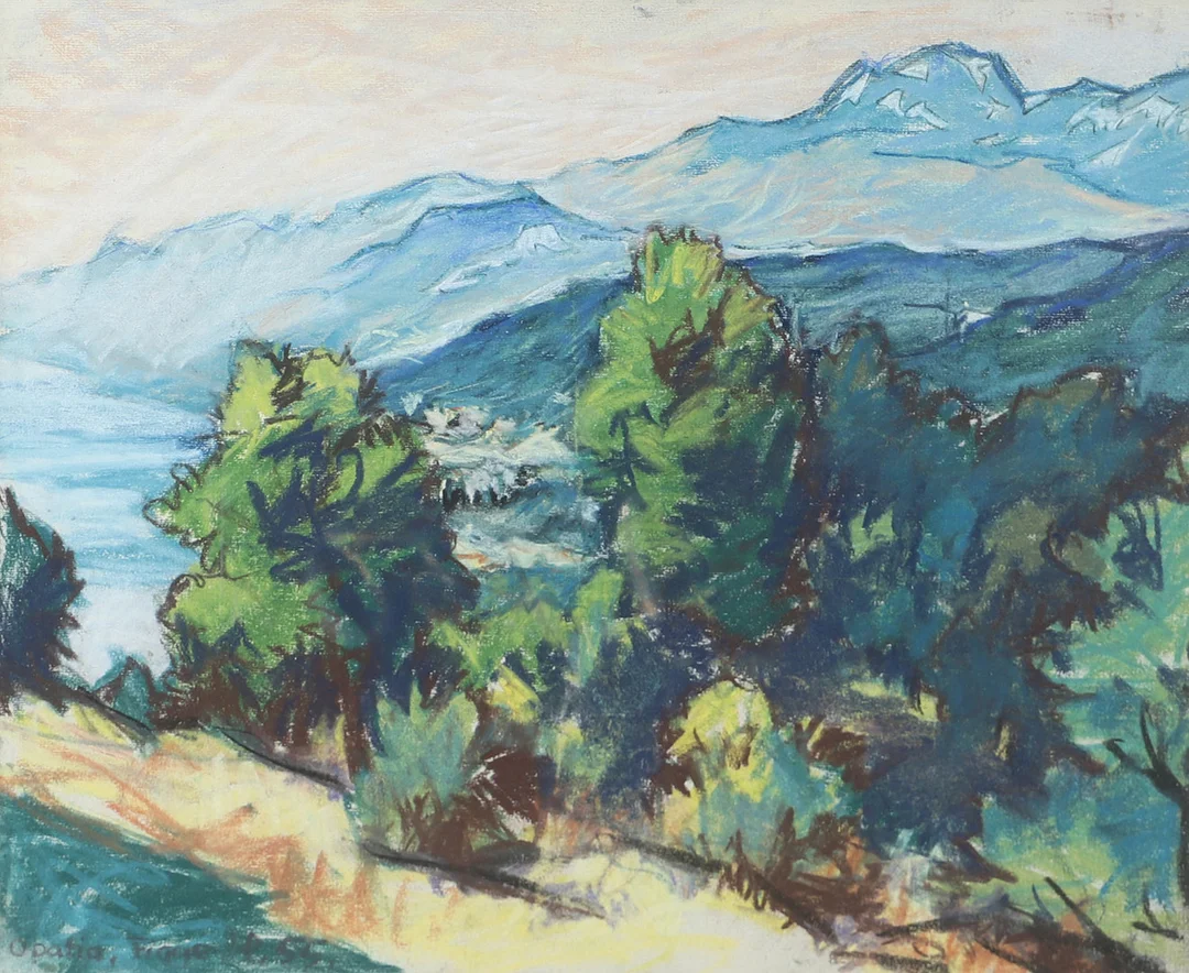 FIGGE HOLMGREN. Bergslandskap, blandteknik, signerad Figge H. -55. — Paintings — Helsingborgs Auktionskammare