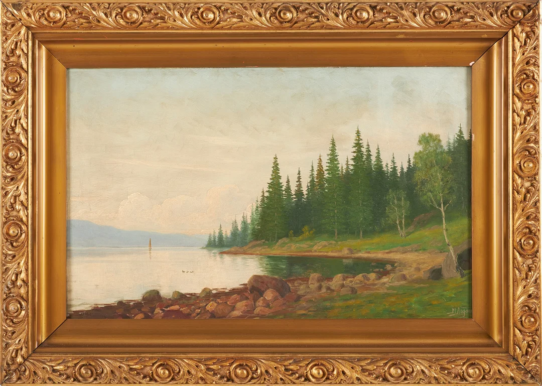 MARTIN AAGAARD. (Norge 1863-1913), Landskapsmotiv med vik, olja på duk, signerad. — Paintings — Stockholms Auktionsverk Sickla