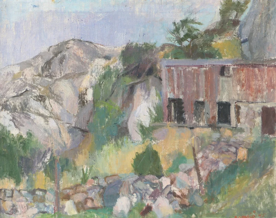 LARS RAMSIÖ. Landskap med hus, olja på duk, signerad Ramsiö -45. — Paintings — Helsingborgs Auktionskammare
