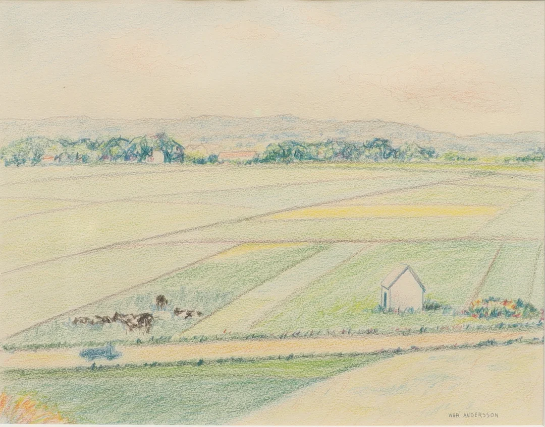 IVAR ANDERSSON. Landskap med kor, blandteknik, signerad. — Paintings — Falun Auktionsbyrå