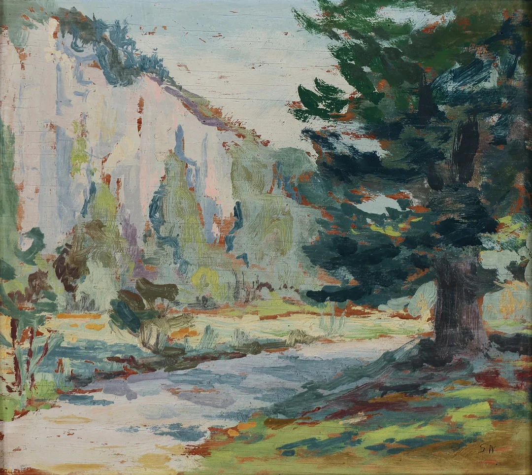 SVEND NIELSEN (1908-93). TILSKREVET. Motiv fra Ekkodalen på Bornholm, olie på træ, signeret. — Paintings — Palsgaard Kunstauktioner