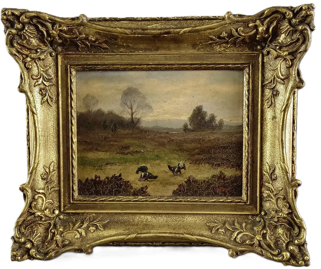 MÖTSCH, AUGUST. "Balzende Auerhähne", Öl auf Malpappe. — Paintings — Auktionshaus Blank