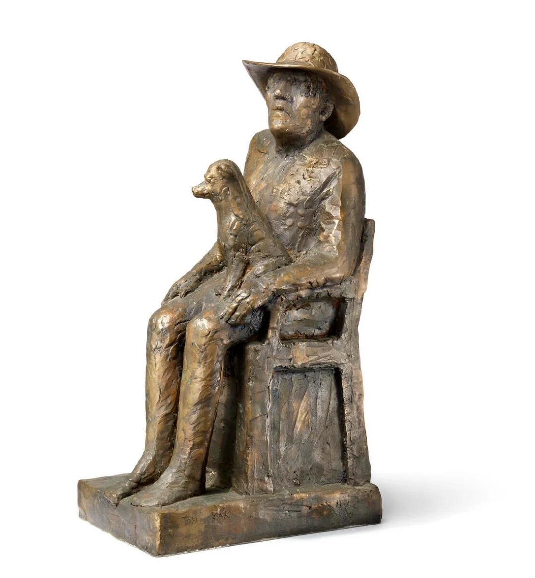 Hanne Varming: “Tom og Zak”. Signed HV 1980, foundry stamp Jensen Cire Perdue. Patinated bronze. H. 58 cm. W. 20 cm. D. 30 cm. — Modern Sculptures/Modern art — Bruun Rasmussen