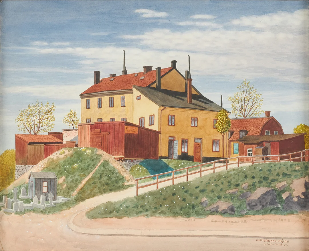 OSKAR BERGMAN. "Götgatan, Stockholm", gouache på papper, signerad, daterad maj 1941. — Paintings — Stockholms Auktionsverk Sickla