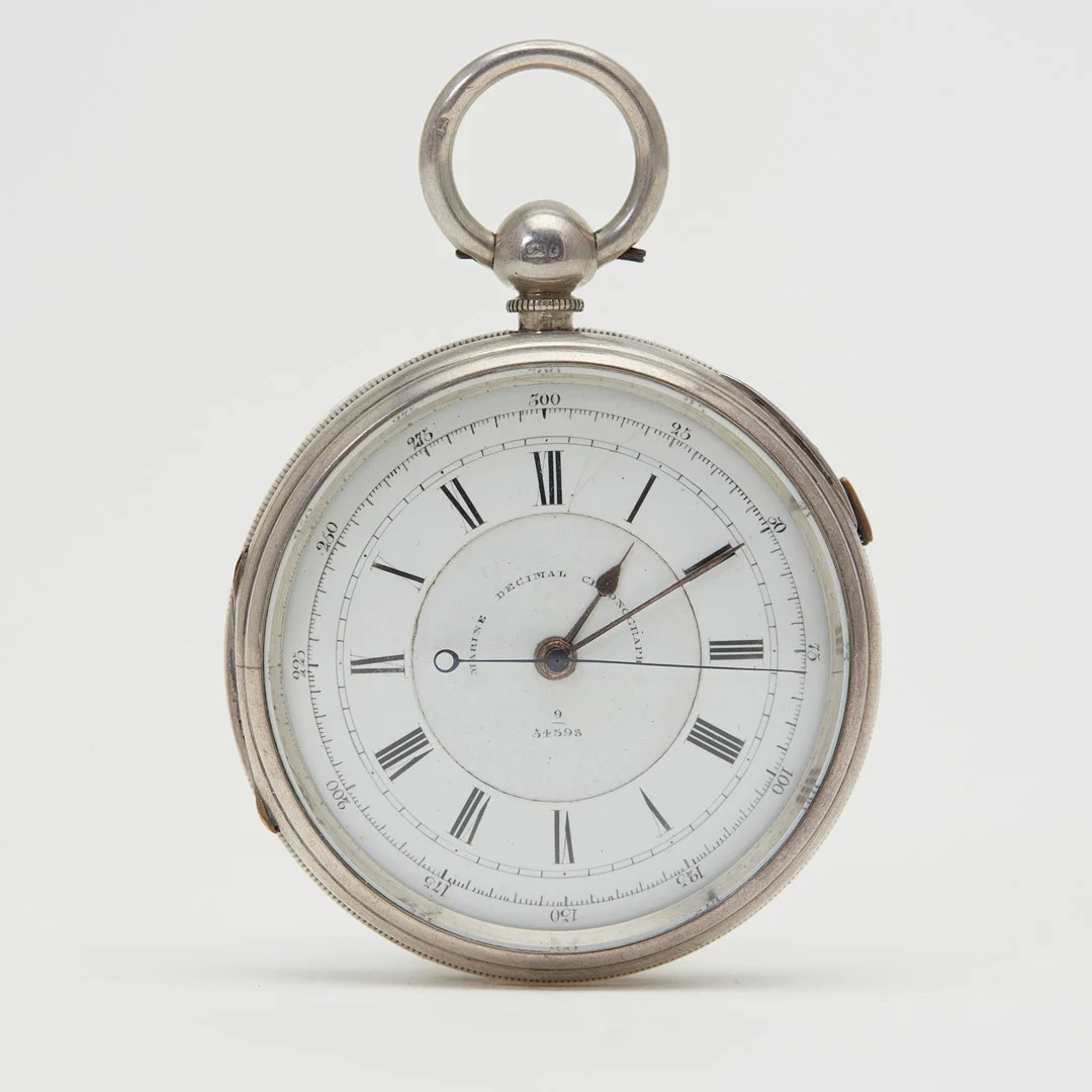 MARINE DECIMAL CHRONOGRAPH. Taschenuhr, 925er Silber, um 1890, England. — Pocket & Stop Watches — Stockholms Auktionsverk Köln