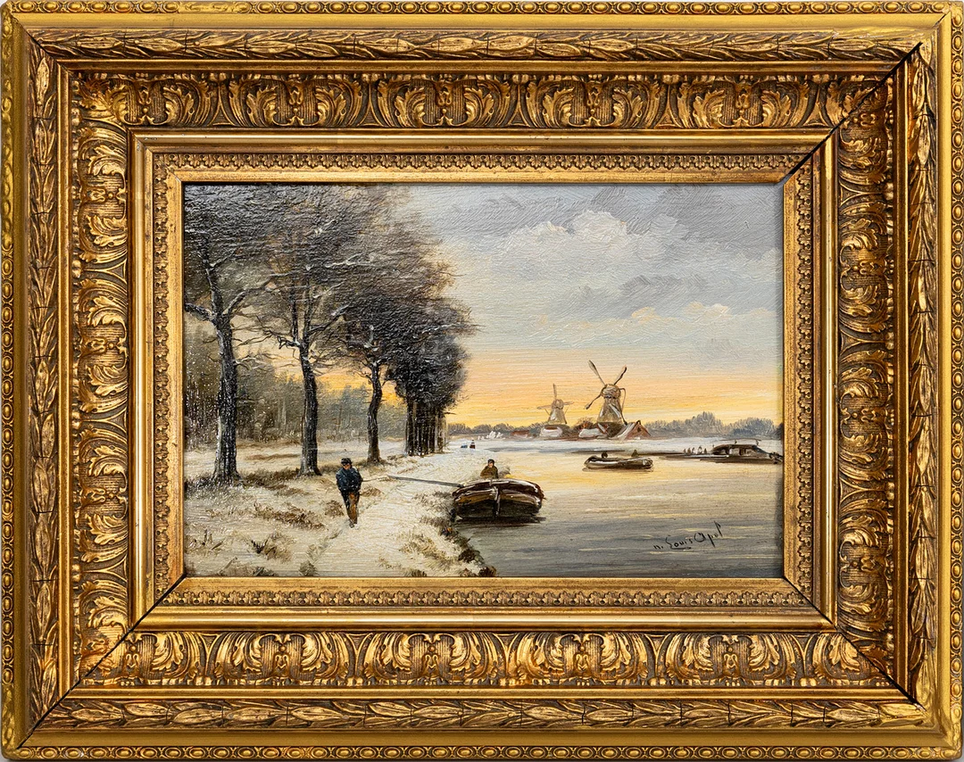 LOUIS APOL (1850-1936). Vintemotiv med väderkvarnar, olja på pannå, signerad. — Paintings — Auktionshuset Kolonn