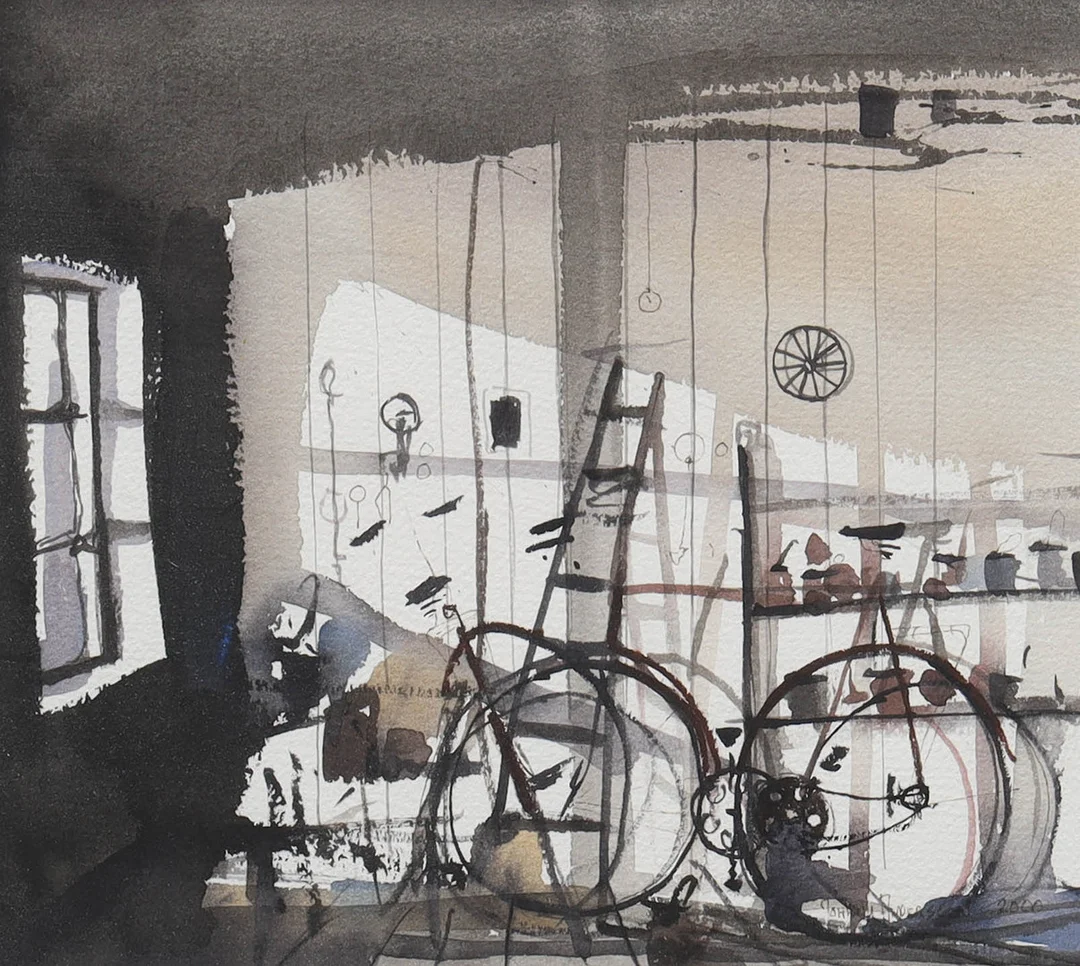 JOHNNY ANDERSSON. akvarell, garage med cykel i solsken, signerad, daterad 2000. — Paintings — Auktionsmagasinet Vänersborg