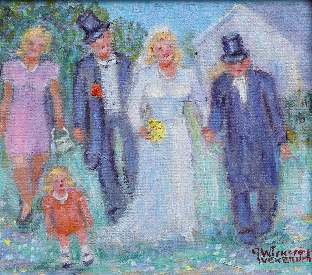 ÅKE WICKSTRÖM. Olja på duk, "Lasse i Eket gifter sej med Sonja i Olstorpet, händelse 1941", signerad. — Paintings — Ekenbergs Auktioner