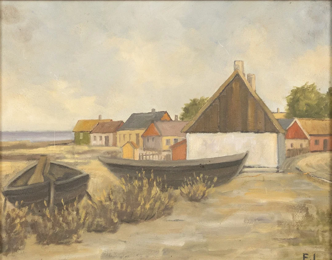 KARL-ERIK LUNDBERG "LEDDE". Olja på pannå, motiv med fiskeläge, monogramsignerad E.L. — Paintings — Karljohan Auktioner