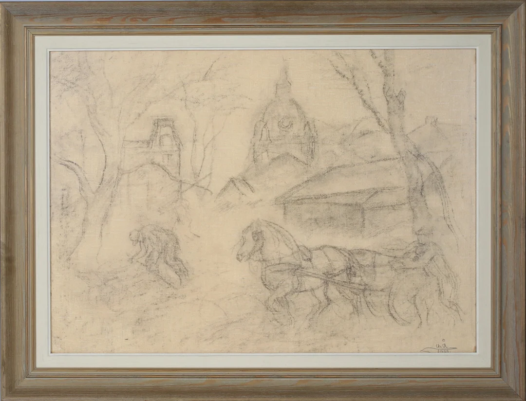 ACKE ÅSLUND. Komposition med häst, teckning, blyerts på papper, signerad och daterad 1941. — Drawings — Stadsauktion Sundsvall