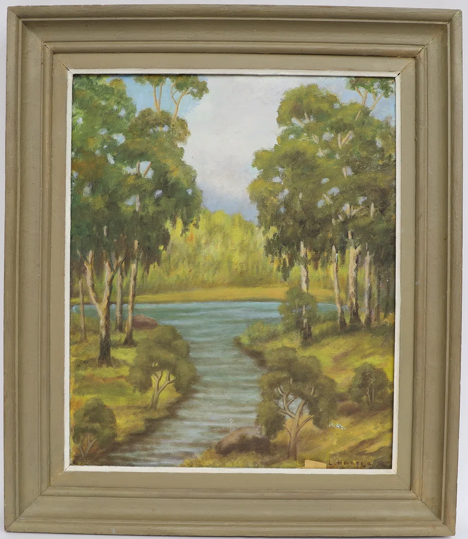 OIDENTIFIERAD KONSTNÄR. Landskap med träd, oljemålning på duk, otydligt signerad. — Paintings — Falun Auktionsbyrå