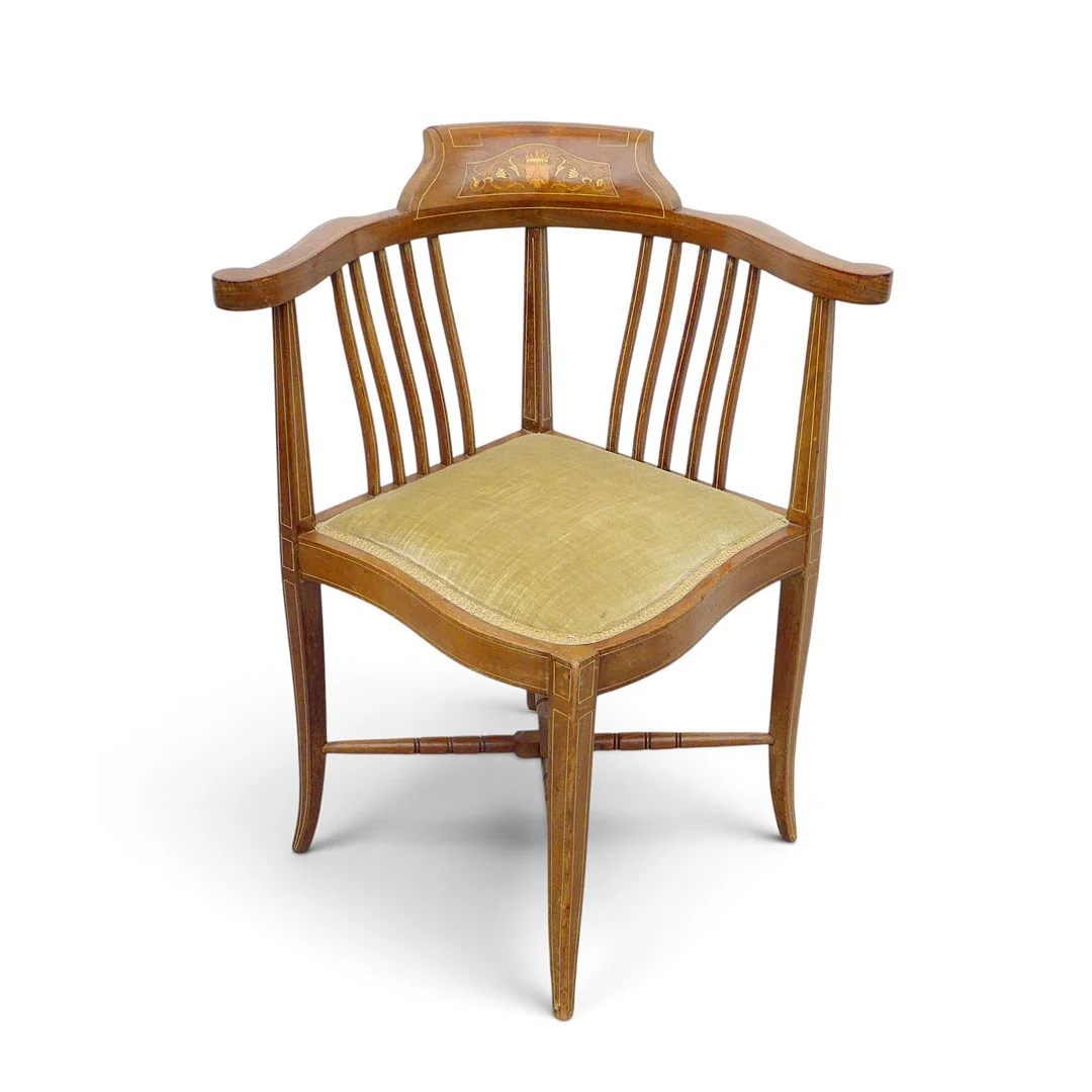 AN EDWARDIAN INLAID MAHOGANY COMFORT CHAIR. — Armchairs & Chairs — Batemans of Stamford