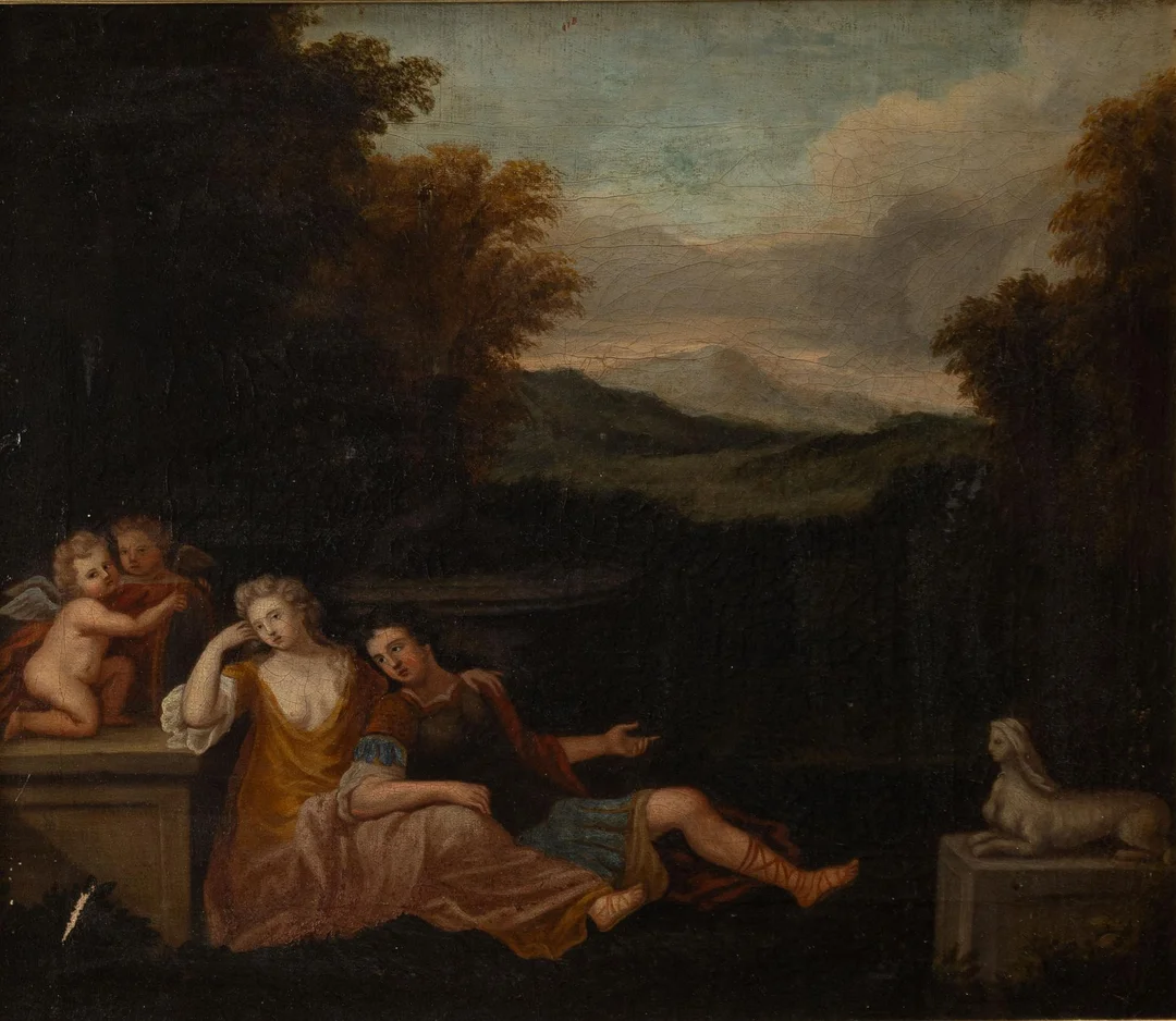 Okänd konstnär, 1700-tal, Pastoralt landskap med vilande figurer. — Konst/Äldre internationell konst — Bukowskis
