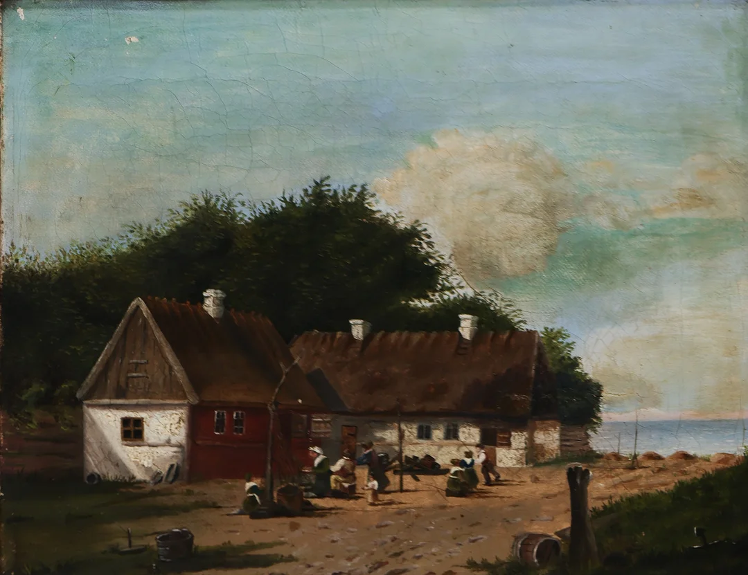 ANDERS ANDERSEN-LUNDBY (1841-1923). Landskabsmotiv 'Et fiskerleje', olie på lærred, usigneret. — Paintings — Palsgaard Kunstauktioner