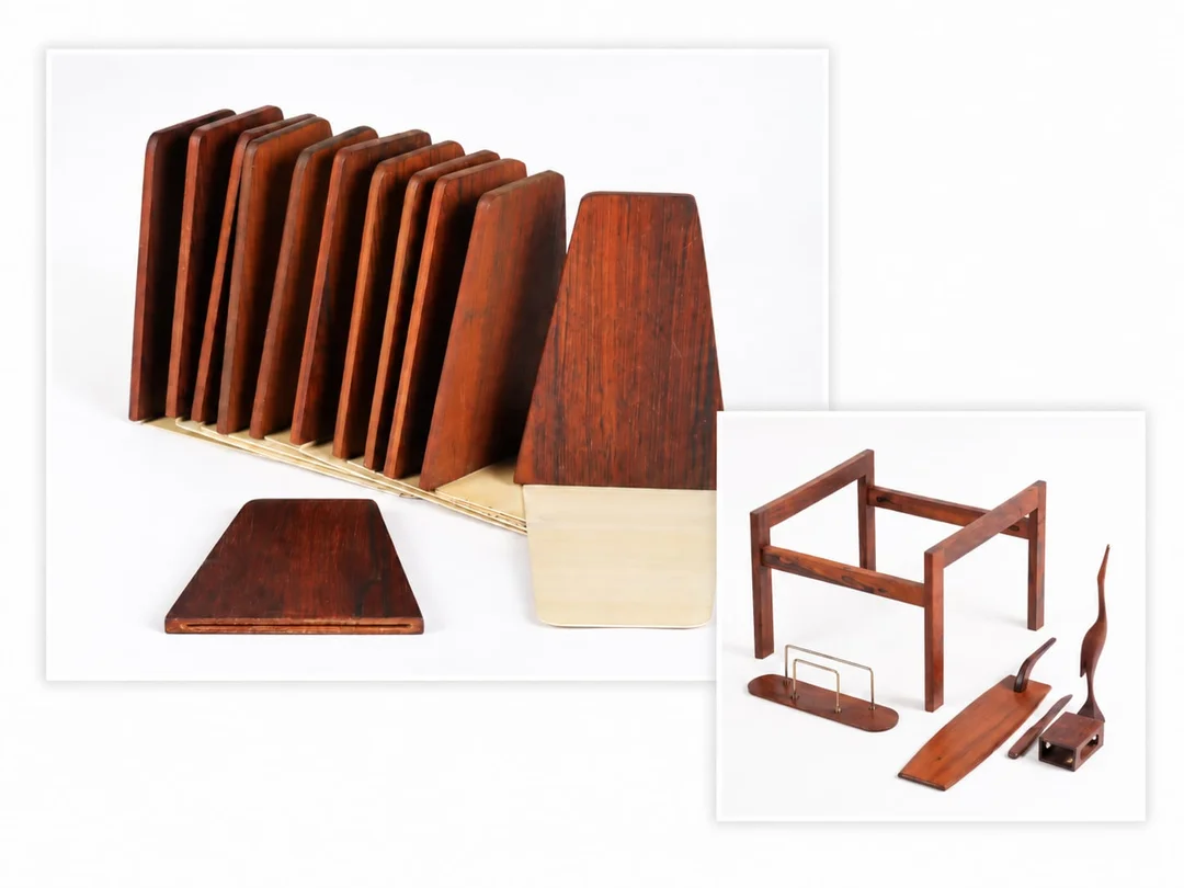 Kai Kristiansen and others 'FM' palisander bookends, letter folders, flower arrangements, etc — Furniture/Other furniture — Lauritz