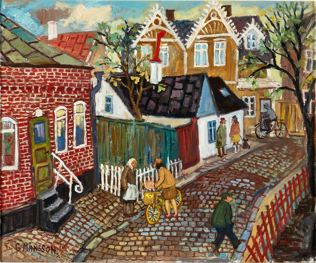 GÖSTA MÅNSSON (1924-2009). Gata i Limhamn, signerad G Månsson, olja på duk. — Paintings — Crafoord Auktioner Stockholm