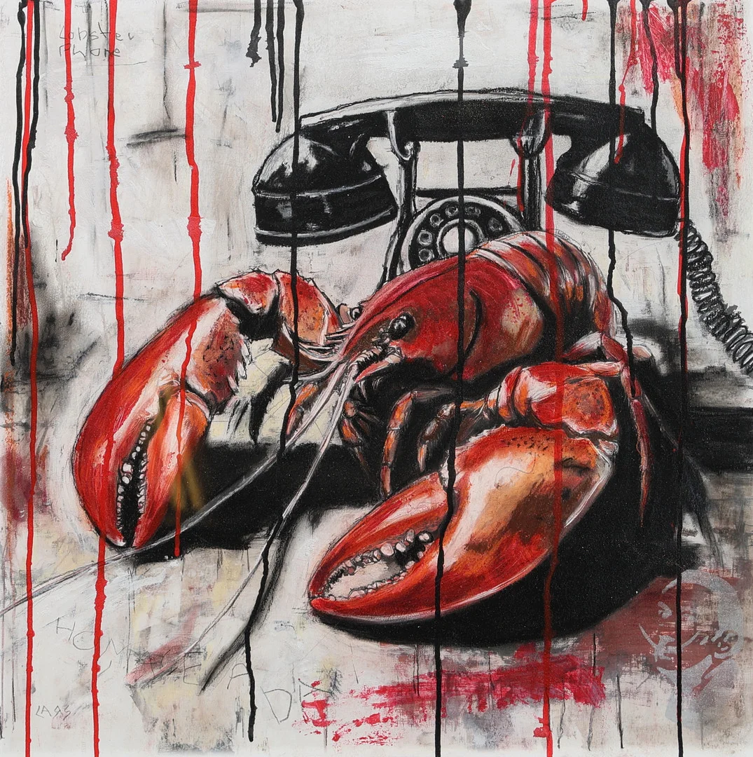 LARS TUNEBO. Original, "Lobster Phone", blandteknik, signerad. — Engravings & Prints — Gomér & Andersson Jönköping