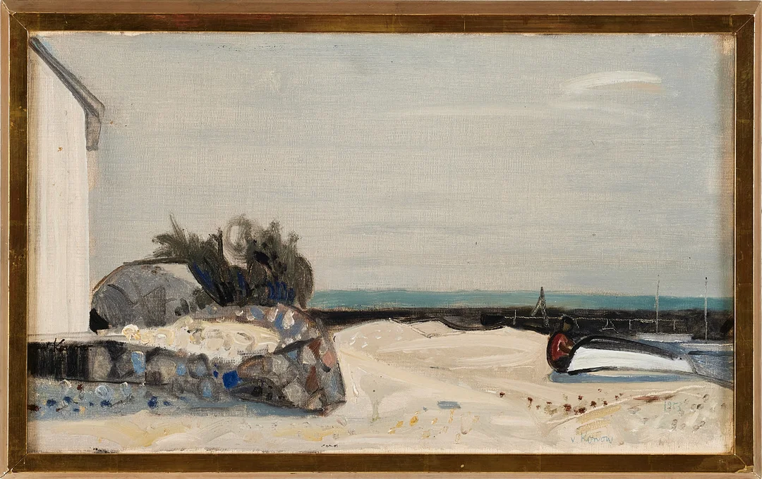 JÜRGEN VON KONOW. Strand i Holland, olja på duk, signerad och daterad V. Konow 1953. — Paintings — Stockholms Auktionsverk Magasin 5