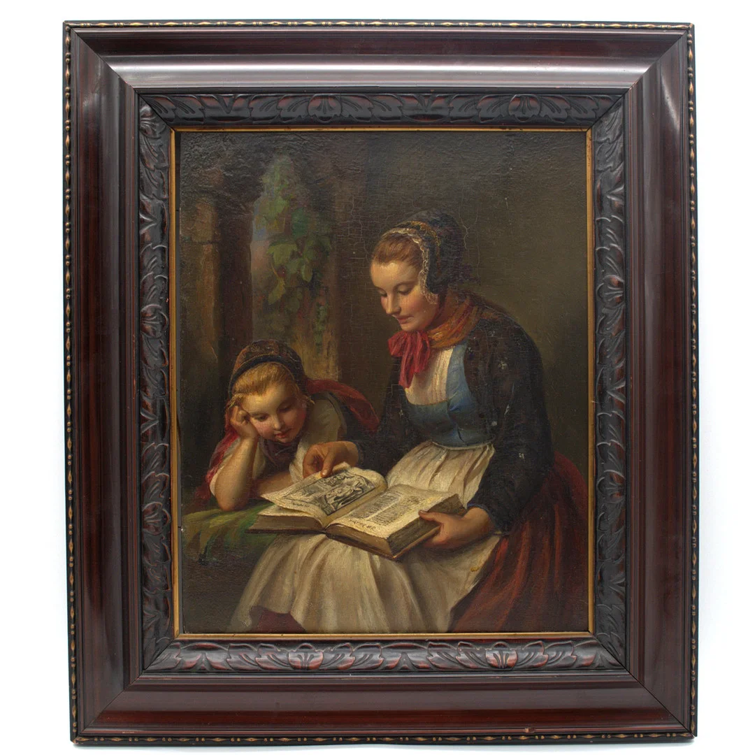 UNBEKANNTER MEISTER DES 19. JAHRHUNDERTS, ÖL AUF HOLZ „MUTTER MIT KIND BEIM LESEN“. — Paintings — Kunst- und Auktionshaus Kleinhenz