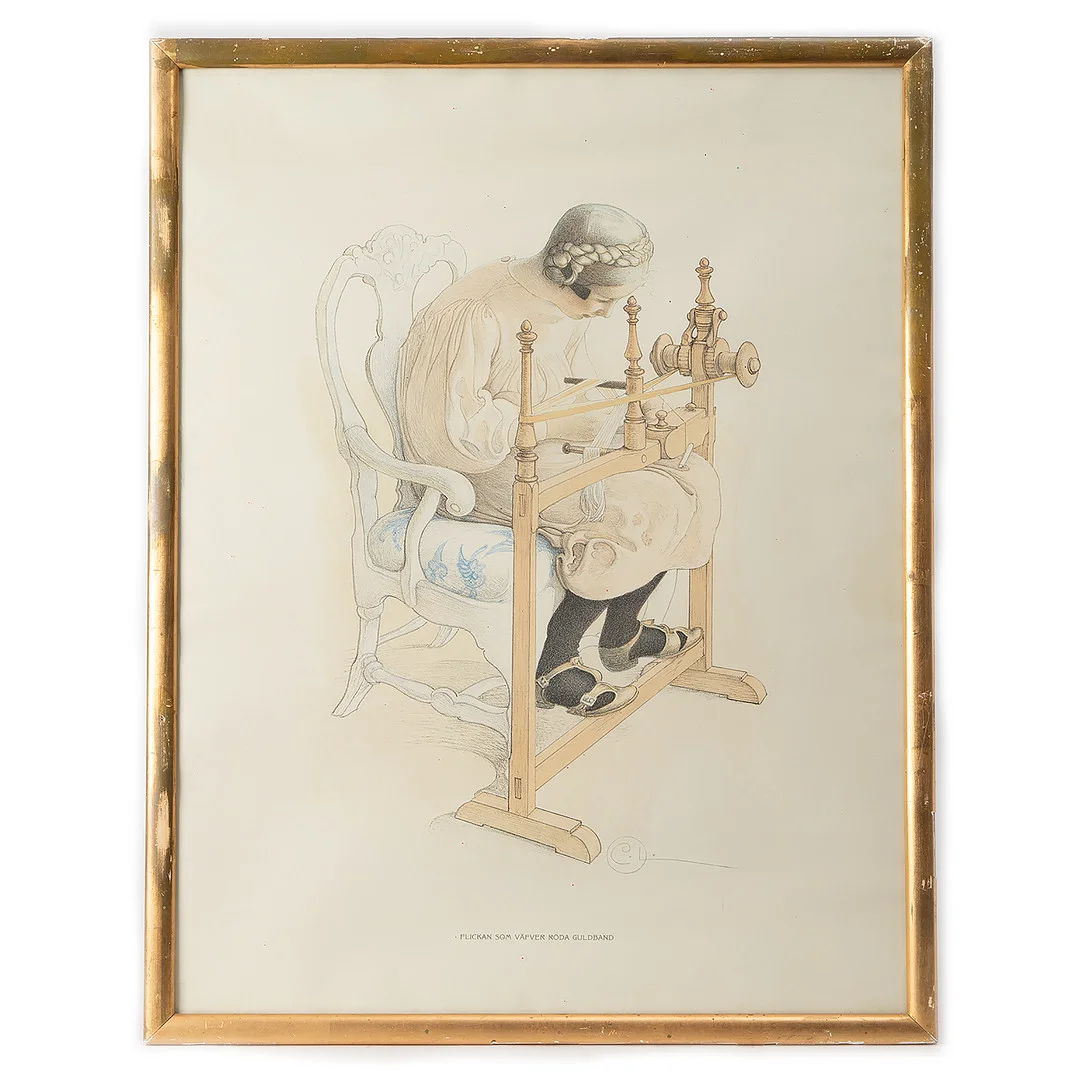 CARL LARSSON. Efter. Färglitografi, "Flickan som väfver röda guldband", signerad C.L i trycket. — Engravings & Prints — Stockholms Auktionsverk Göteborg