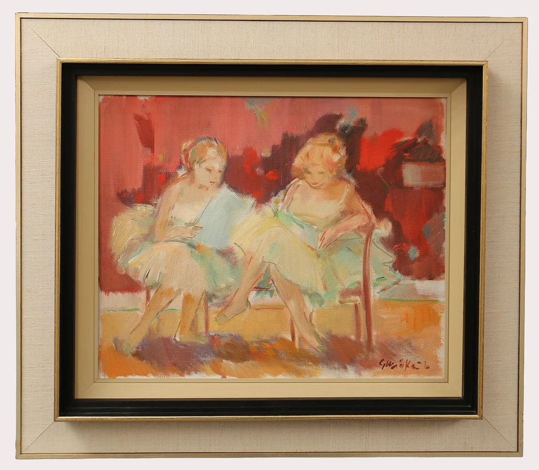GERTRUD WRÅKE. Olja på duk, läsande flickor på bänk, signerad. — Paintings — Limhamns Auktionsbyrå