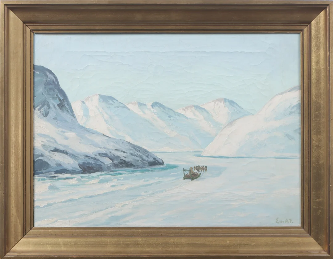 Emanuel A. Petersen. Scenery from Greenland with snow-capped mountains and dog sledding — Paintings and sculptures/Older pictorial arts — Lauritz