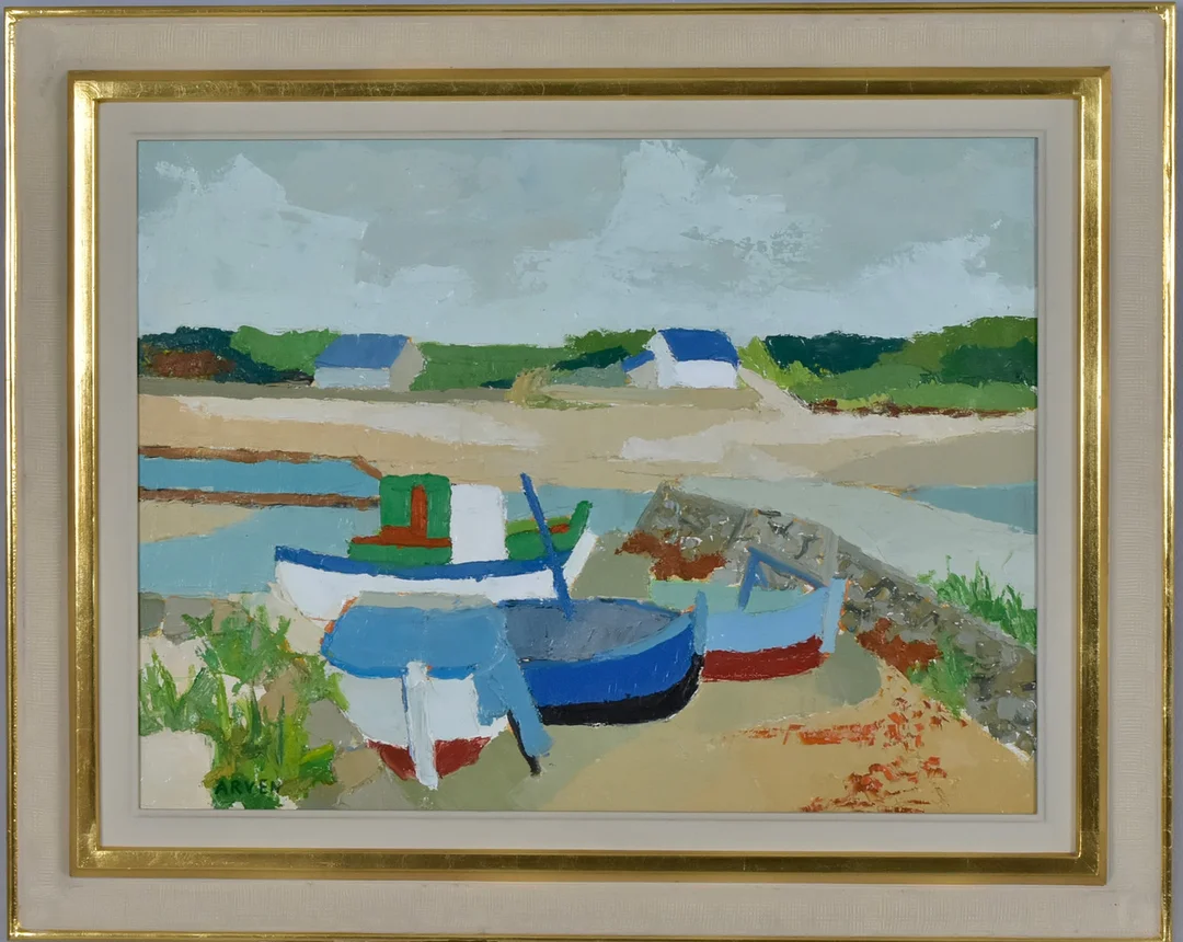 FLORENCE ARVEN. oljemålning på pannå, kustparti med båtar. — Paintings — Halmstads Auktionskammare