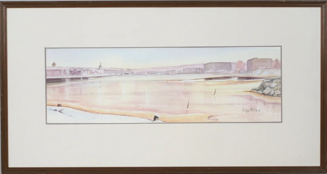 HELGE MÅLARE ÅSBERG. Vy mot Härnösand, akvarell, signerad. — Paintings — Stadsauktion Sundsvall