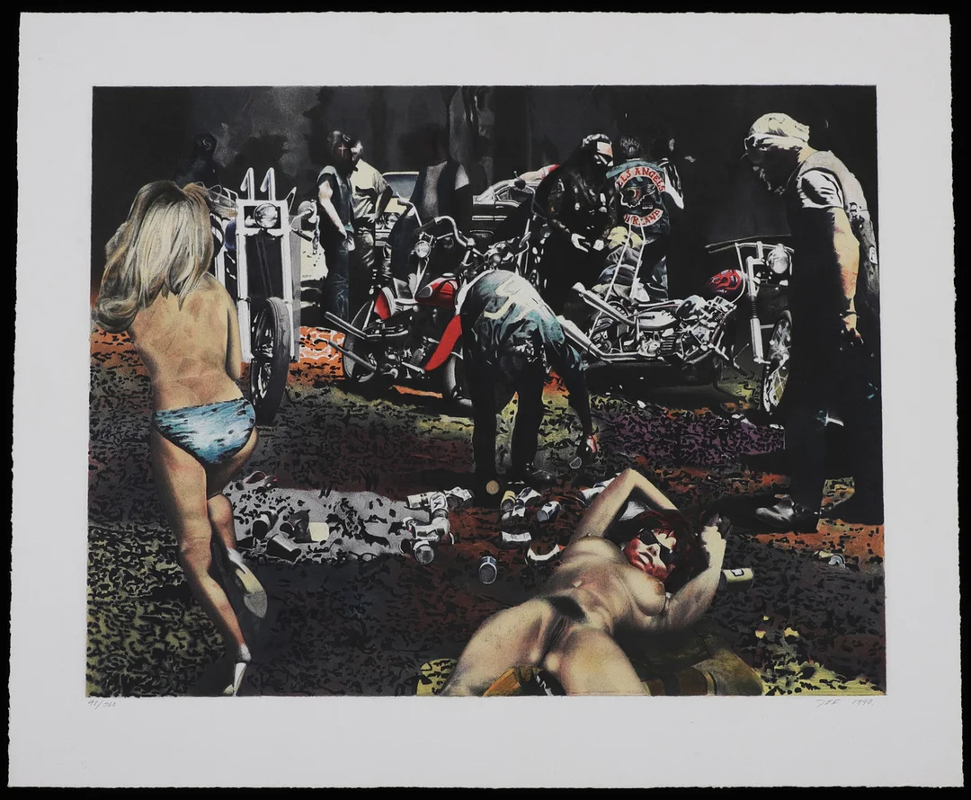 JOHN-ERIK FRANZÉN. "Hells Angels of California", litografi, signerad, numrerad 98/360, daterad 1990. — Engravings & Prints — Växjö Auktionskammare