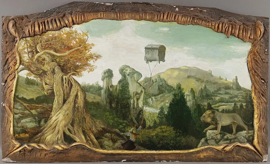 OLŠIAK, MICHAL. Fantastische Landschaft mit Mädchen und schwebendem Wagen, 2002, Öl/Mischtechnik auf Holzplatte. — Paintings — Auktionshaus Blank