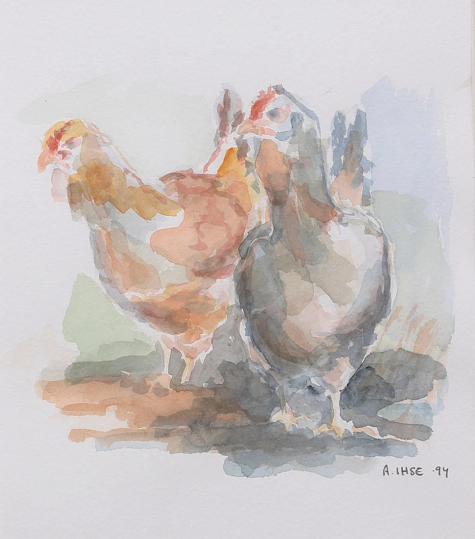 OIDENTIFIERAD KONSTNÄR. Höns, akvarell, signerad A Ihse, daterad 94. — Paintings — Auktionshuset Thelin & Johansson