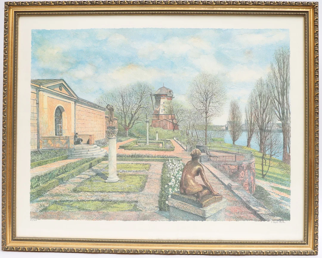 PIETRO DALLA-SANTA. "Terrassen-Waldemarsudde" färglitografi, signerad och numrerad. — Engravings & Prints — Falun Auktionsbyrå