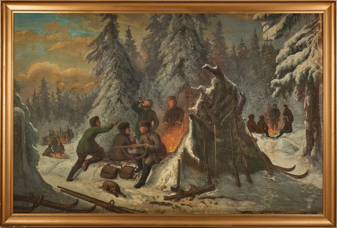 ALBERT BLOMBERGSSON. "Björnjakten", ur sviten Scenerier i Målningar. — Paintings — Stockholms Auktionsverk Magasin 5
