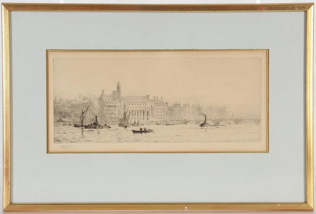 WILLIAM LIONEL WYLLIE. 1851-1931. Etsning, motiv över Themsen, signerad. — Engravings & Prints — Auktionsverket Engelholm