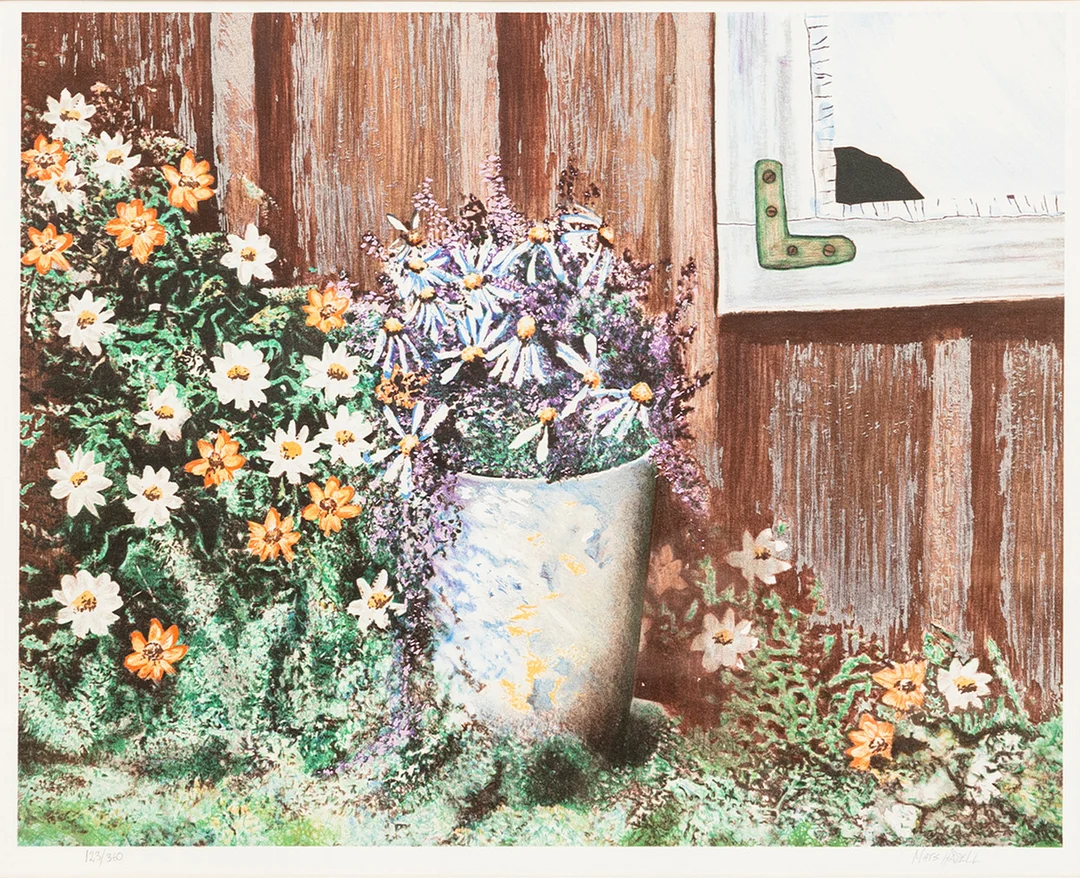 MATS HÅDELL (1958-2021). Blommor vid vägg, färglitografi, signerad och numrerad, 123/310. — Engravings & Prints — Auktionshuset Kolonn