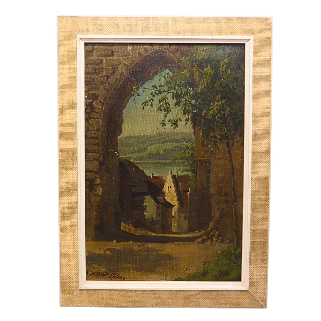 ÖLGEMÄLDE BOGENARCHITEKTUR MIT DORF UND FLUSSLANDSCHAFT VON K. STAUSS JUN. — Paintings — Auktionshaus Stuber's Hammerschlag