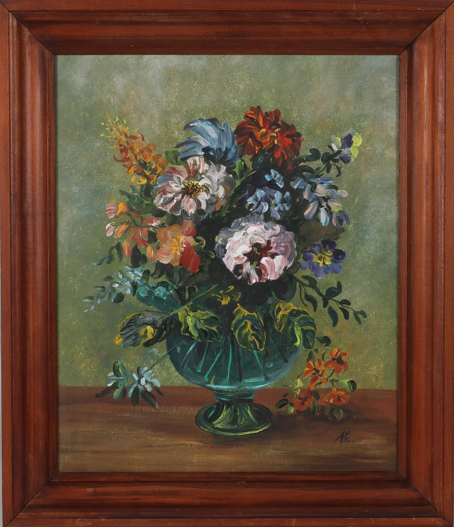 OIDENTIFIERAD KONSTNÄR. Blomsterstilleben, olja på duk, signerad A p k. — Paintings — Stadsauktion Sundsvall