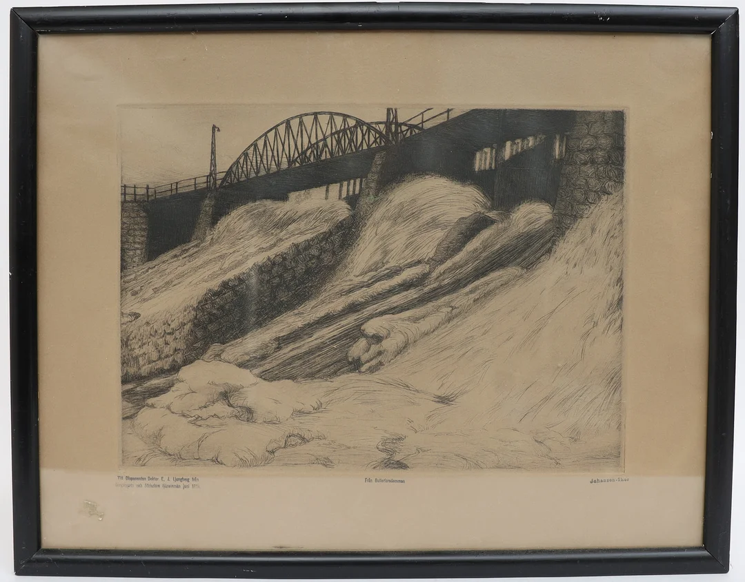 EMIL JOHANSON-THOR. "Från bullerforsdammen" etsning, signerad med dedikation. — Engravings & Prints — Falun Auktionsbyrå