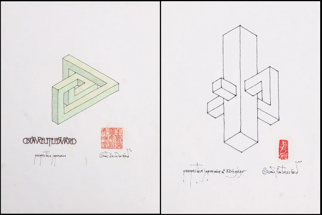 OSCAR REUTERSVÄRD (Sverige, 1915-2002), (2), Perspective japonaise "No 324", signerade, teckningar på vitt japanpapper. — Paintings — Crafoord Auktioner Stockholm