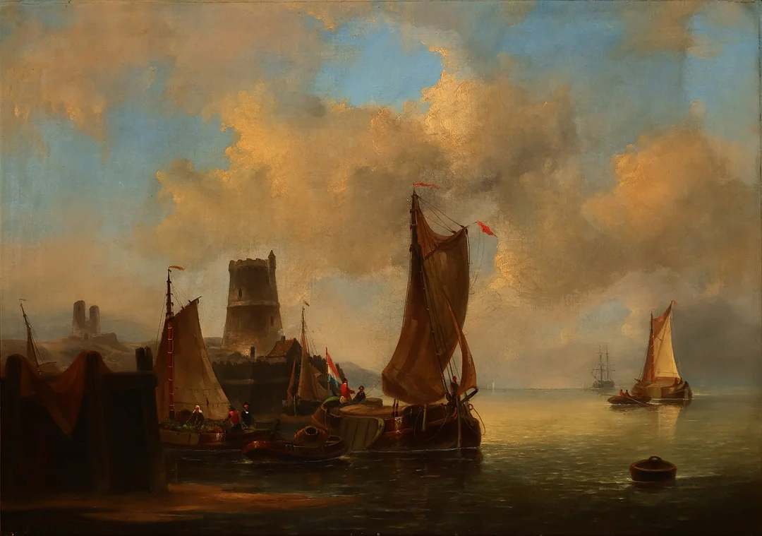 UBEKENDT KUNSTNER. Hollandsk skole, kystmotiv med skibe, fyrtårn og ruiner i baggrunden, olie på lærred, signeret, 1800 tallets anden halvdel. — Paintings — Palsgaard Kunstauktioner