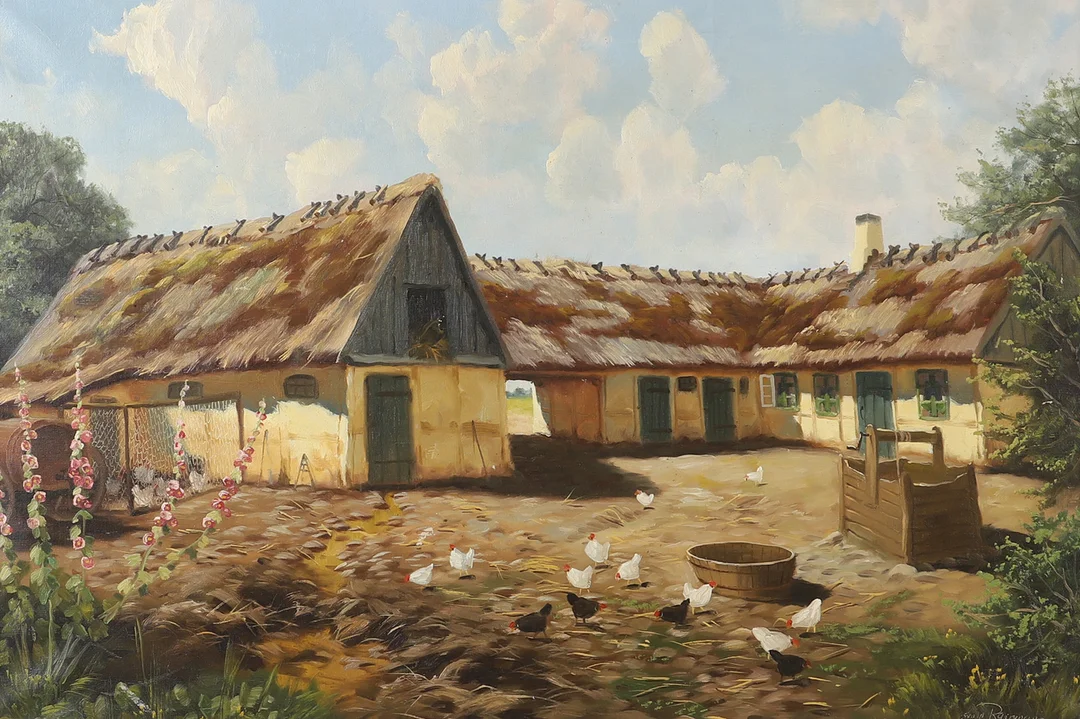 OSVALD RASMUSSEN. Gård med höns, olja på duk, signerad. — Paintings — Helsingborgs Auktionskammare
