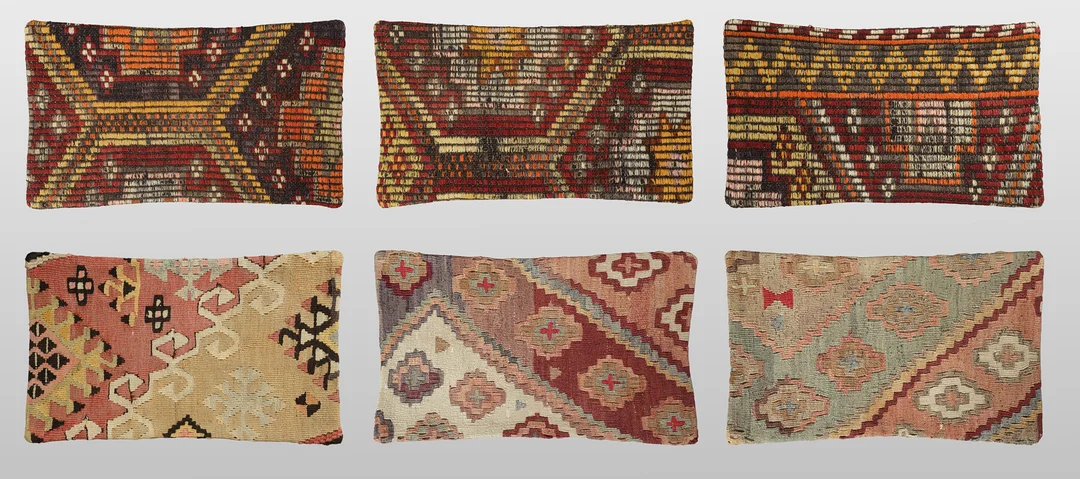 KUDDFODRAL. Parti Kuddfodral 6st, anatoliska Kelim fragment, 50 x 30 cm. — Oriental Carpets & Textiles — Gomér & Andersson Linköping