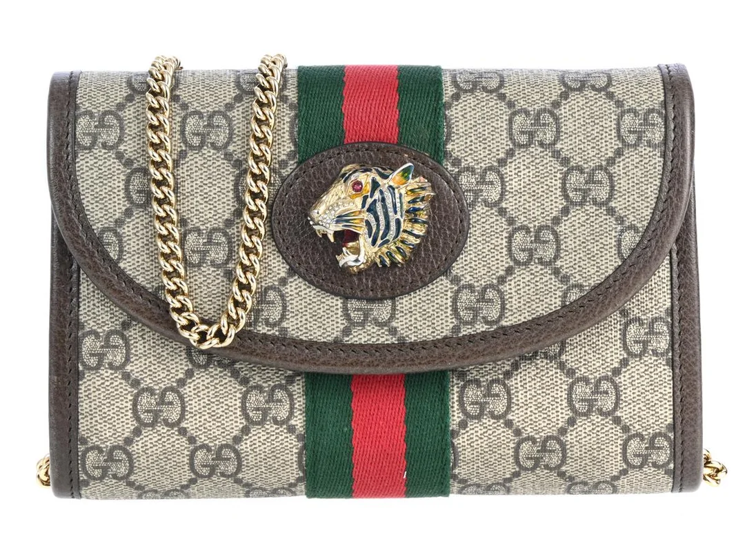 GUCCI, VÄSKA, Mini Rajah Chain Crossbody, GG Supreme canvas, brunt läder, Web röd, grön, guldfärgade beslag, 18x12x4 cm, care booklet, dustbag, originalkartong. Very Good Condition. — Accessoarer/Väskor — Kaplans